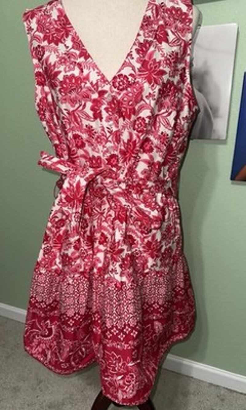 LUCKY BRAND Women's XL Red Floral Paisley Sleeveless Dress V-Neck Tie Waist Boho
